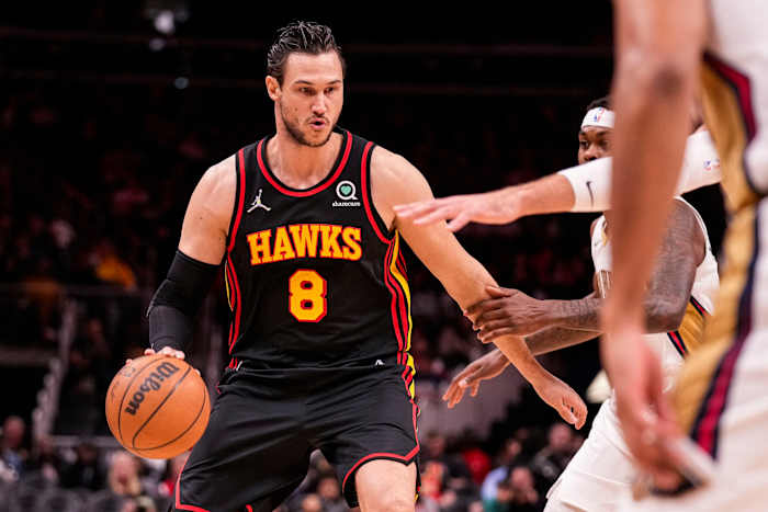 Atlanta Hawks forward Danilo Gallinari (8) dribbles the ball against the New Orleans Pelicans last season.
